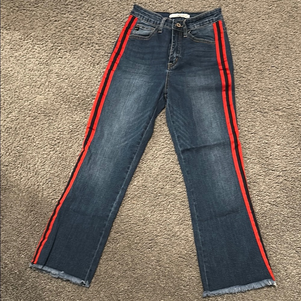 KanCan Blue Flare Jeans with Red Stripes